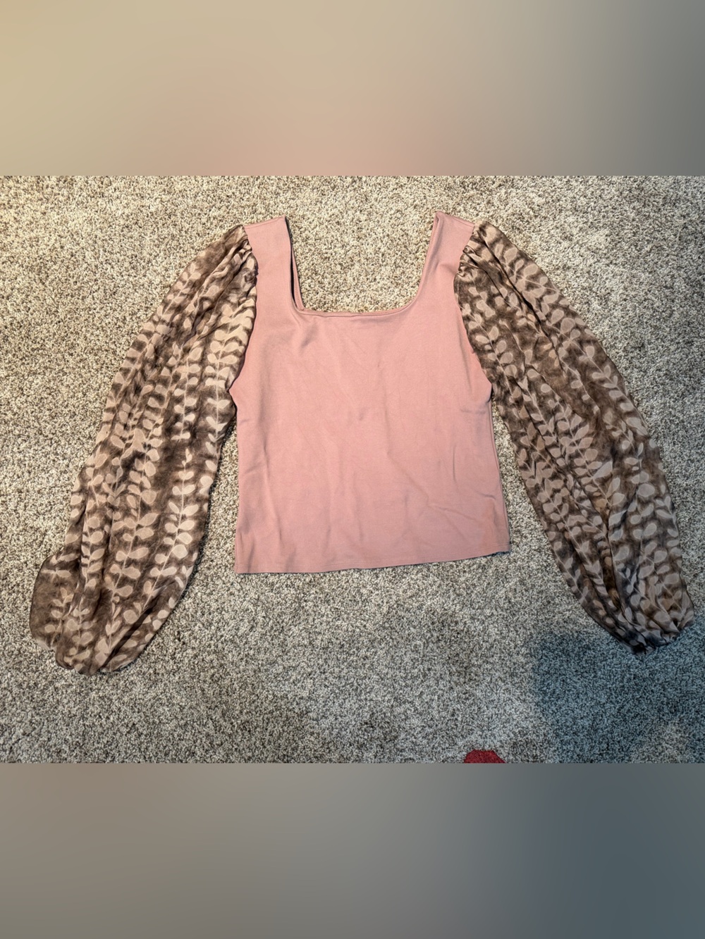 Square-Neck Tan Top with Sheer Patterned Balloon Sleeves